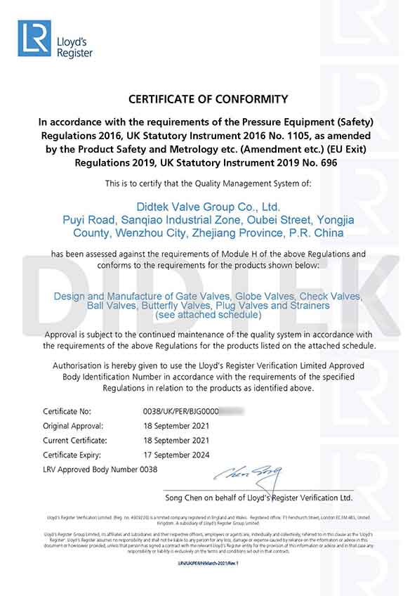Didtek Lloyd's Register LRV UKCA Certificate 0038 PED Model H